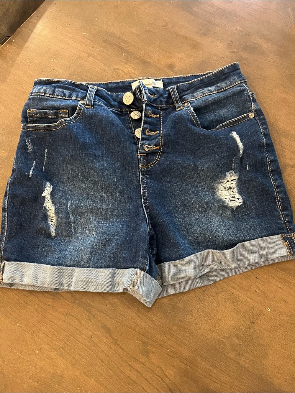 High-Rise Distressed Jean Shorts in Dark Blue